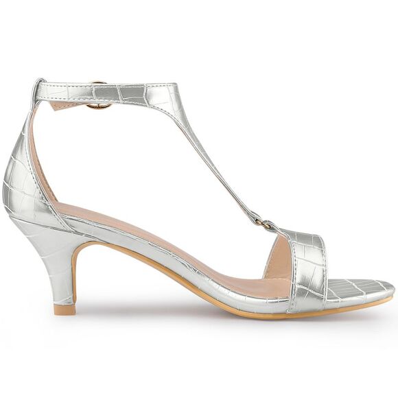 Women's T Strap Embossed Kitten Heel Sandals Silver - Picture 6 of 6
